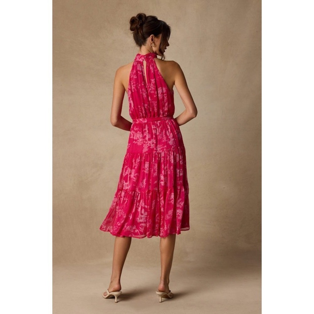 NWT Lulus Float to You Hot Pink Floral Print Halter-Neck Tiered Midi Dress Small - Picture 5 of 12